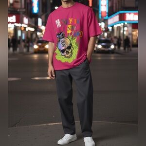 Vibrant Pink Graphic Tee with Skull Design